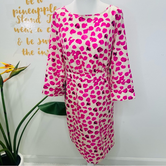 THE LIMITED Pink Off White Leopard Satin Sheath Dress 3/4 Sleeve Size 4 - Picture 3 of 14